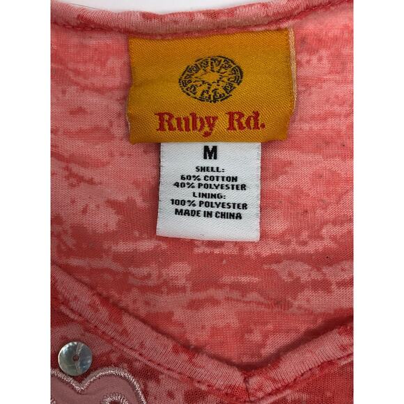 Ruby Rd. Semi Sheer Top Medium Pink Embroidered Neckline Abalone Sequins - Picture 5 of 5